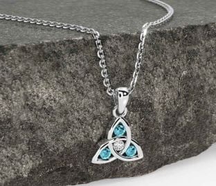 Diamond Aquamarine White Gold Celtic Trinity Knot Necklace