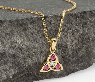 Diamond Pink Tourmaline Gold Celtic Trinity Knot Necklace