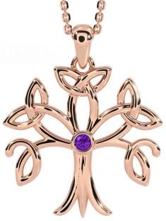 Amethyst Rose Gold Silver Celtic Tree of Life Trinity Knot Necklace