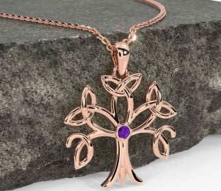 Amethyst Rose Gold Silver Celtic Tree of Life Trinity Knot Necklace