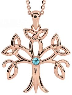 Aquamarine Rose Gold Silver Celtic Tree of Life Trinity Knot Necklace