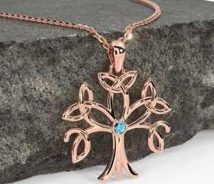 Aquamarine Rose Gold Silver Celtic Tree of Life Trinity Knot Necklace