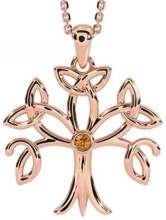 Citrine Rose Gold Silver Celtic Tree of Life Trinity Knot Necklace