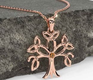 Citrine Rose Gold Silver Celtic Tree of Life Trinity Knot Necklace