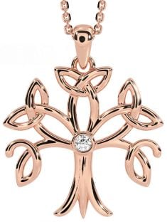 Diamond Rose Gold Silver Celtic Tree of Life Trinity Knot Necklace