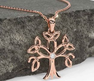 Diamond Rose Gold Silver Celtic Tree of Life Trinity Knot Necklace