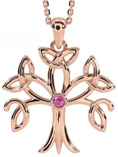 Pink Tourmaline Rose Gold Silver Celtic Tree of Life Trinity Knot Necklace