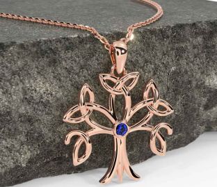 Sapphire Rose Gold Silver Celtic Tree of Life Trinity Knot Necklace