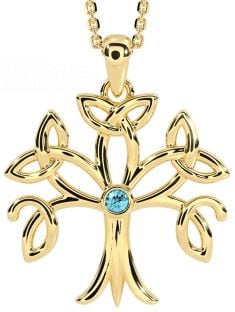 Aquamarine Gold Silver Celtic Tree of Life Trinity Knot Necklace