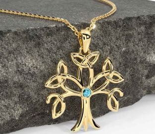 Aquamarine Gold Silver Celtic Tree of Life Trinity Knot Necklace