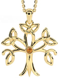 Citrine Gold Silver Celtic Tree of Life Trinity Knot Necklace