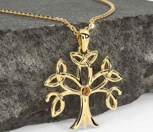 Citrine Gold Silver Celtic Tree of Life Trinity Knot Necklace