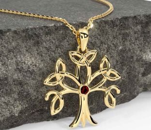 Garnet Gold Silver Celtic Tree of Life Trinity Knot Necklace