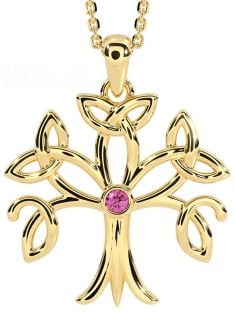 Pink Tourmaline Gold Silver Celtic Tree of Life Trinity Knot Necklace