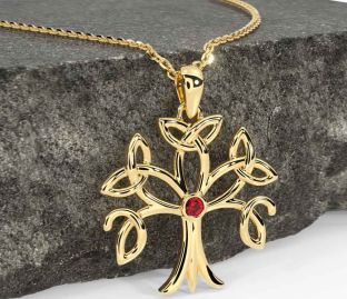 Ruby Gold Silver Celtic Tree of Life Trinity Knot Necklace