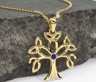 Sapphire Gold Silver Celtic Tree of Life Trinity Knot Necklace