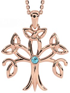 Aquamarine Rose Gold Celtic Tree of Life Trinity Knot Necklace