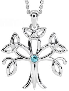 Aquamarine Silver Celtic Tree of Life Trinity Knot Necklace