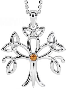 Citrine Silver Celtic Tree of Life Trinity Knot Necklace