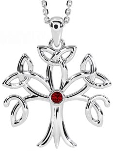 Garnet Silver Celtic Tree of Life Trinity Knot Necklace