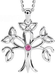 Pink Tourmaline Silver Celtic Tree of Life Trinity Knot Necklace