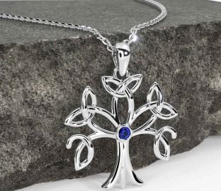 Sapphire Silver Celtic Tree of Life Trinity Knot Necklace