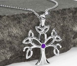 Amethyst White Gold Celtic Tree of Life Trinity Knot Necklace