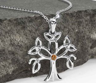 Citrine White Gold Celtic Tree of Life Trinity Knot Necklace