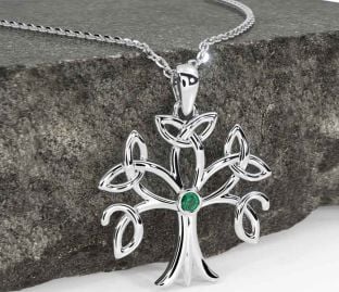 Emerald White Gold Celtic Tree of Life Trinity Knot Necklace