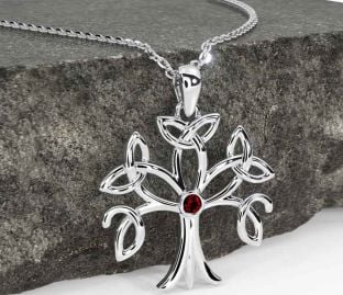 Garnet White Gold Celtic Tree of Life Trinity Knot Necklace