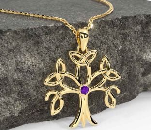 Amethyst Gold Celtic Tree of Life Trinity Knot Necklace