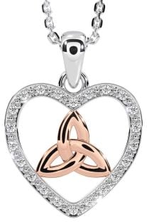 Diamond Rose Gold Silver Celtic Trinity Knot Heart Necklace