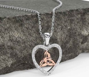 Diamond Rose Gold Silver Celtic Trinity Knot Heart Necklace