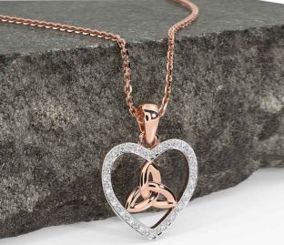 Diamond Rose Gold Silver Celtic Trinity Knot Heart Necklace