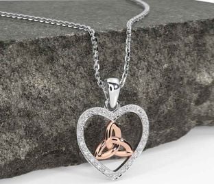 Diamond White Rose Gold Celtic Trinity Knot Heart Necklace