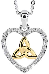 Diamond White Yellow Gold Celtic Trinity Knot Heart Necklace