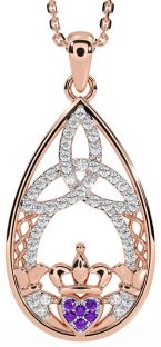 Diamond Amethyst Rose Gold Silver Claddagh Celtic Trinity Knot Necklace