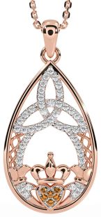 Diamond Citrine Rose Gold Silver Claddagh Celtic Trinity Knot Necklace