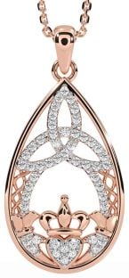 Diamond Rose Gold Silver Claddagh Celtic Trinity Knot Necklace