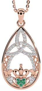 Diamond Emerald Rose Gold Silver Claddagh Celtic Trinity Knot Necklace