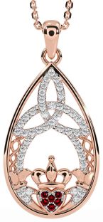 Diamond Garnet Rose Gold Silver Claddagh Celtic Trinity Knot Necklace