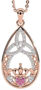 Diamond Pink Tourmaline Rose Gold Silver Claddagh Celtic Trinity Knot Necklace