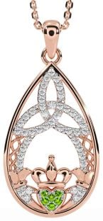 Diamond Peridot Rose Gold Silver Claddagh Celtic Trinity Knot Necklace