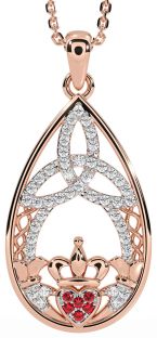 Diamond Ruby Rose Gold Silver Claddagh Celtic Trinity Knot Necklace