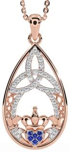 Diamond Sapphire Rose Gold Silver Claddagh Celtic Trinity Knot Necklace