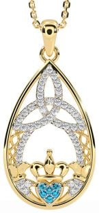 Diamond Topaz Gold Silver Claddagh Celtic Trinity Knot Necklace