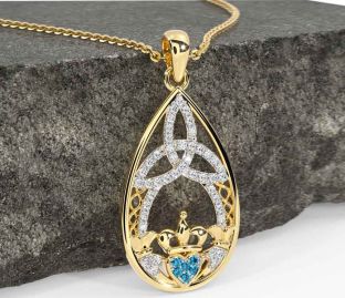 Diamond Topaz Gold Silver Claddagh Celtic Trinity Knot Necklace