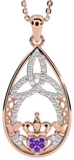 Diamond Amethyst Rose Gold Claddagh Celtic Trinity Knot Necklace