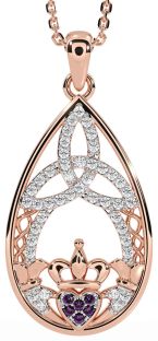 Diamond Alexandrite Rose Gold Claddagh Celtic Trinity Knot Necklace