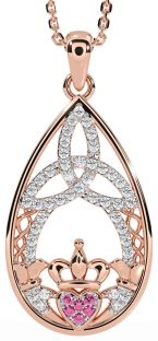 Diamond Pink Tourmaline Rose Gold Claddagh Celtic Trinity Knot Necklace